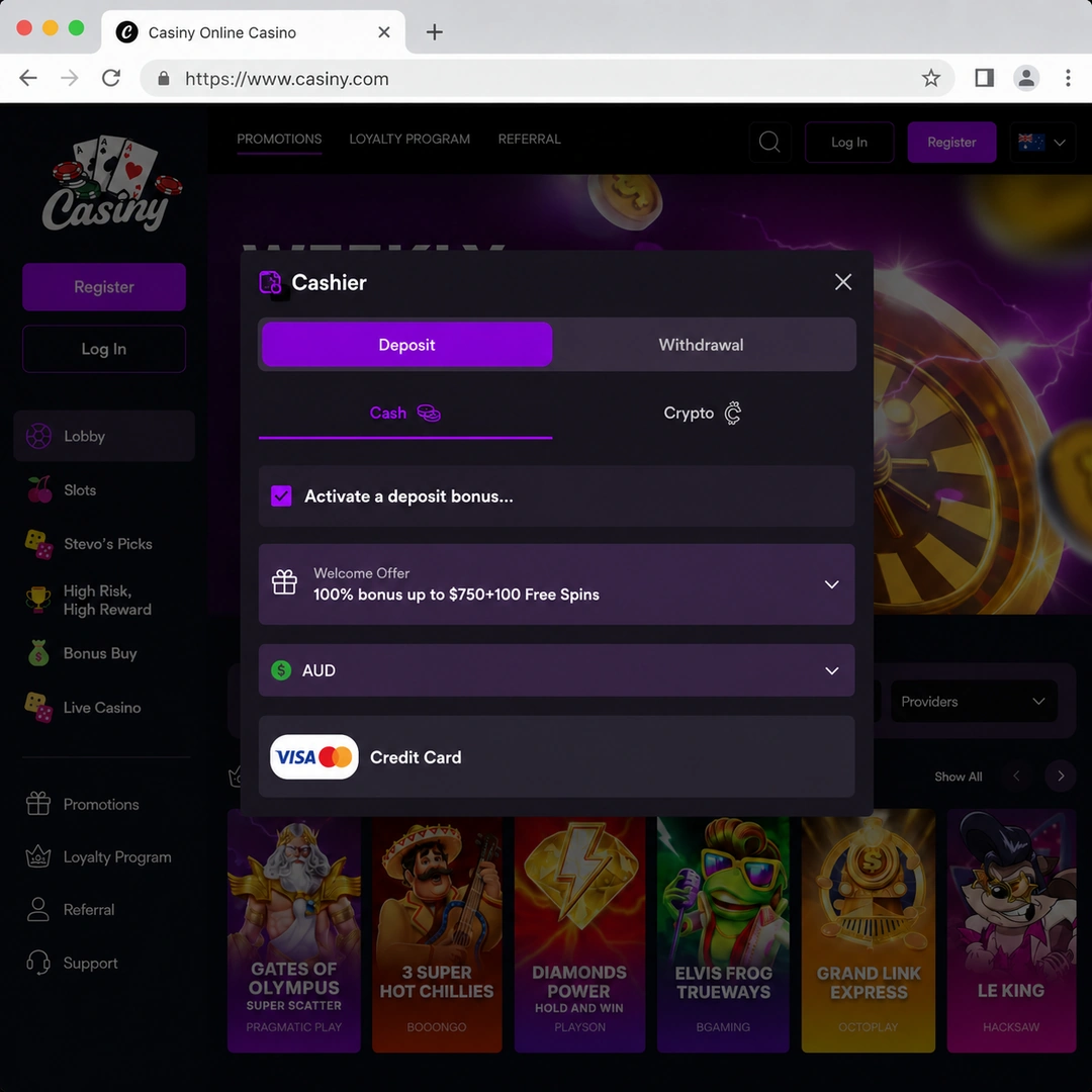 Casiny cashier showing the first-deposit 125% match up to A$1,500 with 20 zero-wager free spins on Dragon Pearls; 40x wagering terms visible at the bottom of the screen.
