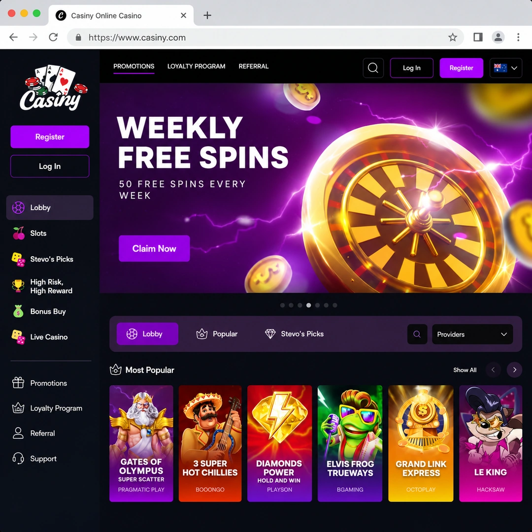 Casiny Casino homepage open in Chrome on 19 June 2026, showing the A$750 five-deposit welcome banner and main navigation menu.