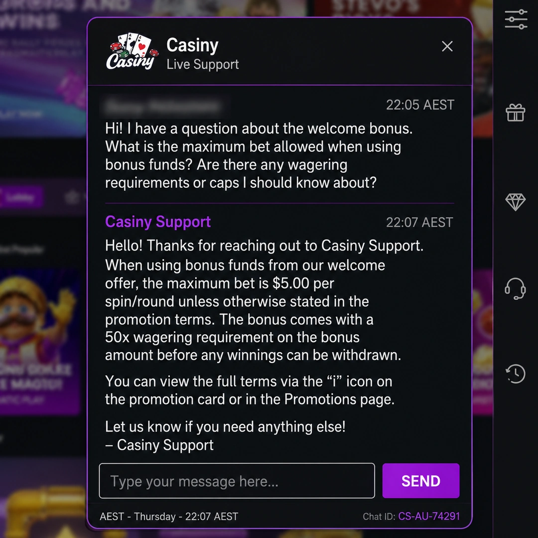 Casiny live-chat transcript at 22:07 AEST on a Thursday: a question on the bonus max-bet rule sent at 22:05, agent reply received at 22:07; player name redacted.