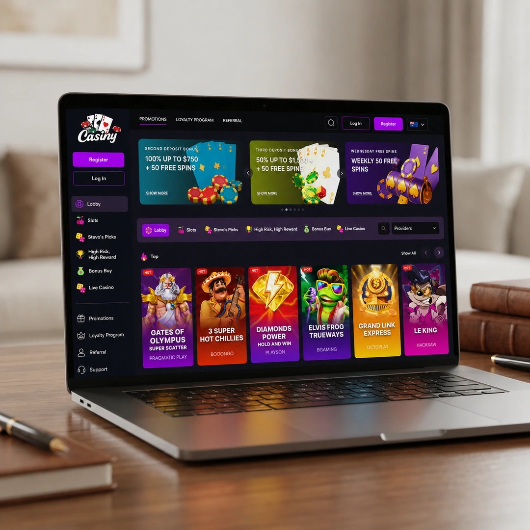 Casiny pokies lobby with the provider filter opened, showing the full supplier list.